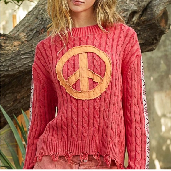 washed peace patch cable knit sweater - Picture 3 of 7